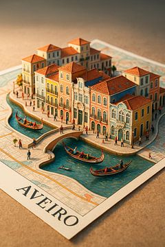Aveiro Canals & Moliceiro Boten 3D Kaart - Kleurrijke Portugal Kunst