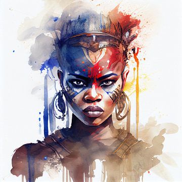 Aquarel Afrikaanse Krijger Vrouw #1 van Chromatic Fusion Studio