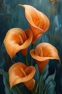 Elegante oranje calla lelies op artistieke achtergrond van Art & Soul Creations