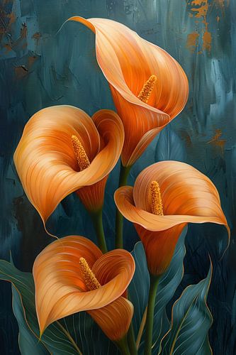 Elegante oranje calla lelies op artistieke achtergrond
