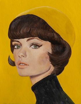 Olieverf portret Vrouw met gele hoed, vintage van Jennemie De Beer