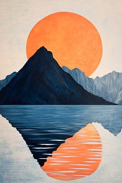 Berg silhouet voor een oranje zonsondergang van Poster Art Shop