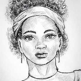 Dessin au crayon d'une jeune femme africaine sur Emiel de Lange