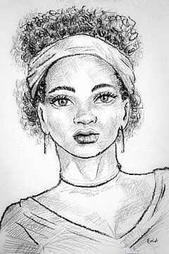 Dessin au crayon d'une jeune femme africaine sur Emiel de Lange