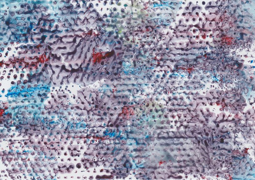 Peinture à l'aquarelle avec impression à la feuille d'aluminium en bleu foncé, bleu, rouge, violet par Heike Rau