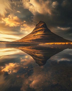 Bergreflectie in IJslands water van fernlichtsicht