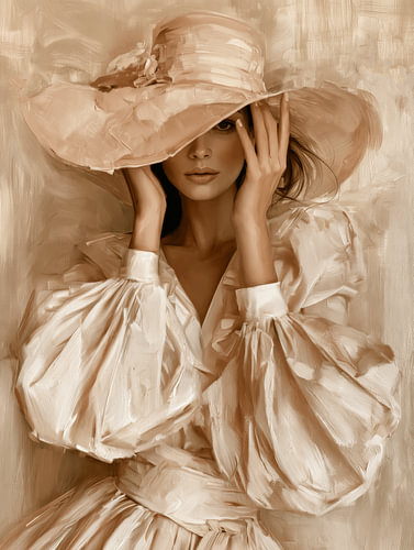 Woman wearing a large hat in warm beige shades