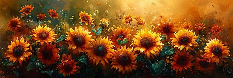 Bright sunflowers on watercolour background painting by Poster Art Shop