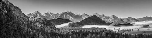 Allgäuer Alpen in Beieren met kasteel Neuschwanstein. Zwart en wit