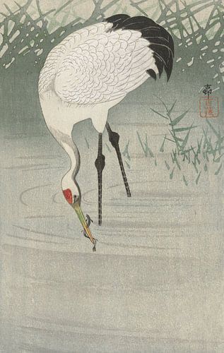 Vissende kraanvogel in ondiep water, Ohara Koson