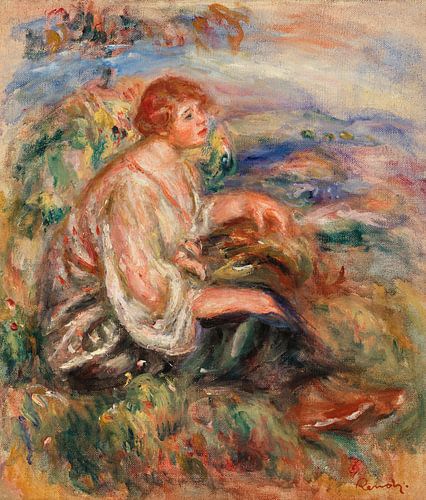 Renoir, Vrouw in een tuleblouse en zwarte rok in een landschap (1917)