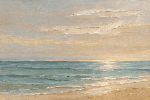 Abstrakt-impressionistisches Seestück mit sanftblauen Wellen und warmem Strandlicht