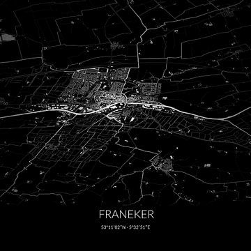Zwart-witte landkaart van Franeker, Fryslan. van Rezona
