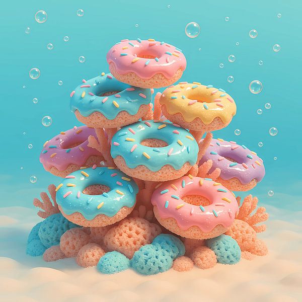 Underwater Delights: Donut Coral in Pastel - Playful Surrealist Pop-Art by Isabelle Vogelaar