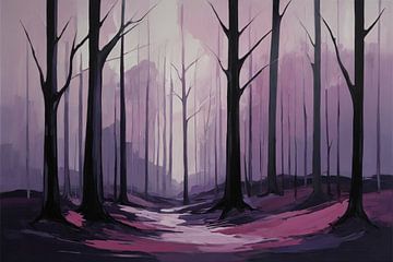 Forêt abstraite avec du violet et du rose sur De Muurdecoratie