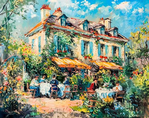 Huis met tuintafels en mensen