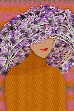 Retro portrait of a woman in lavender hat in pastel pink and orange by Dina Dankers