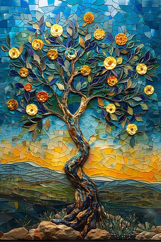 Kleurrijk Mozaïek Boom in Landschap