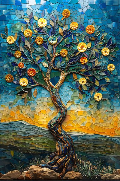 Kleurrijk Mozaïek Boom in Landschap van Art & Soul Creations
