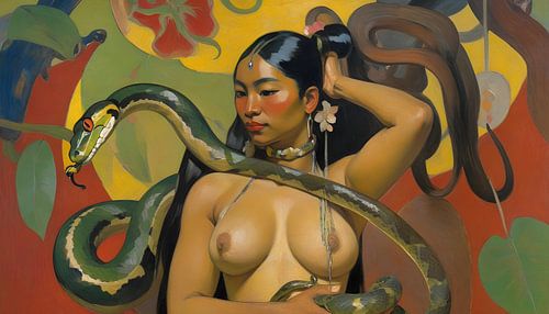 Eve and the snake in the style of Gauguin