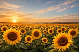 A sea of sunflowers bathed in the golden evening light – Sea of Sunflowers at Sunset by ButterflyPix