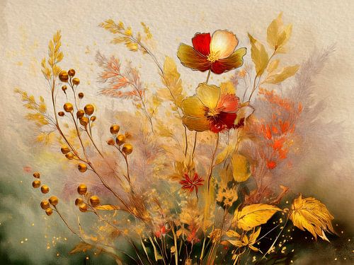 Stilleven. Gouden Herfst. Bloemen, grassen en bessen