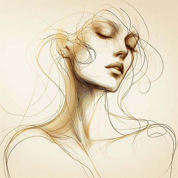 Portret in goud en zwart. lijntekening .(3) van Ineke de Rijk