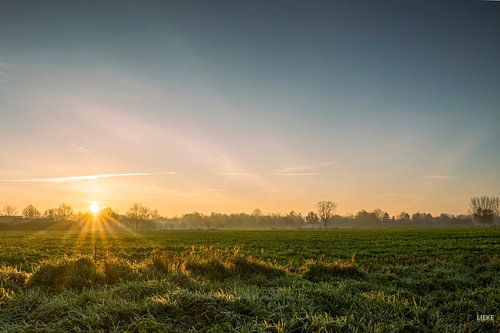 Met nog een klein beetje mist komt de zon door, prachtig licht van geel oranje blauw.