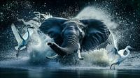 African Elephant Charging Through Water With Egrets