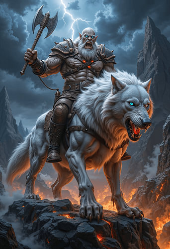 Dark Fantasy Wandbild: ULFVARON – Der nordische Krieger auf seinem riesigen Wolf von INFERAURUM