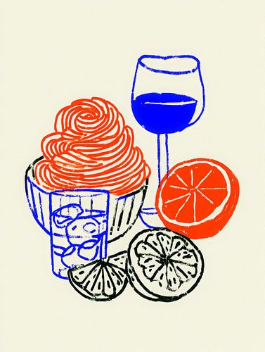 Illustration moderne d'un dessert, d'un agrume et d'un vin dans un dessin au trait ludique rouge et bleu