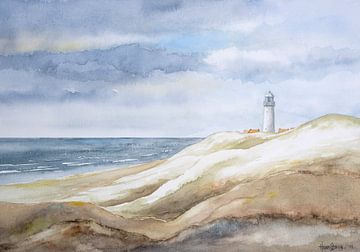 Dune landscape with lighthouse. Watercolor by Hans Sturris. by Galerie Ringoot