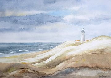 Duinen, zee, strand en vuurtoren. Duin landschap aquarel door Hans Sturris.