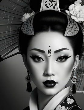 Geisha habillée de façon traditionnelle, maquillée et coiffée au 19e siècle, en noir et blanc.