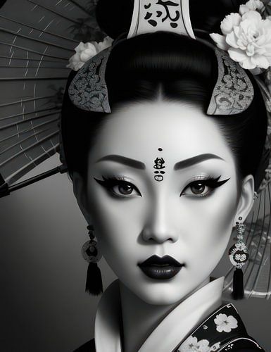 Traditioneel geklede Geisha met make up en haardracht uit de 19e eeuw in zwart wit.