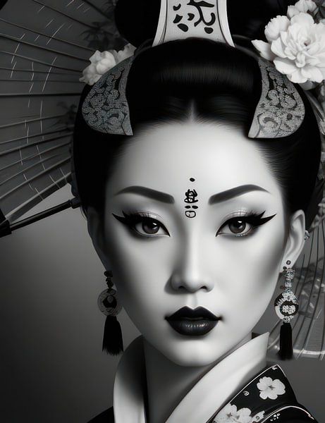 Traditioneel geklede Geisha met make up en haardracht uit de 19e eeuw in zwart wit. van Brian Morgan