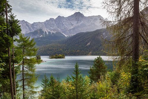 Zugspitze massif and Zugspitze with Eibsee lake