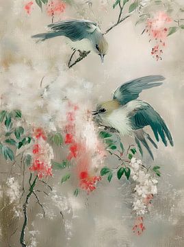 Nature rêveuse : oiseaux parmi les fleurs de printemps