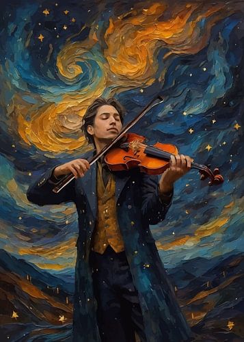 Man speelt viool in sterrennacht