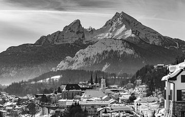 City of Berchtesgaden with the Watzmann at the Königsee in winter black and white