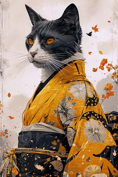 Samurai kat met gouden kimono van Digitale Schilderijen