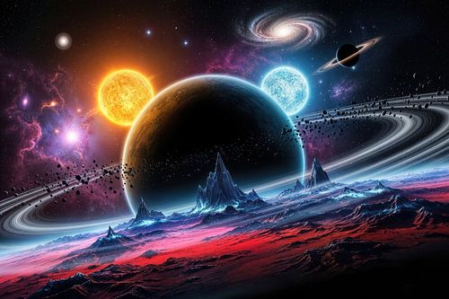 Planeten, zonnen en terrein in de ruimte Scène