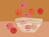 Bowl with oranges and apples - Colourful illustration in ochre yellow, pink, red and orange