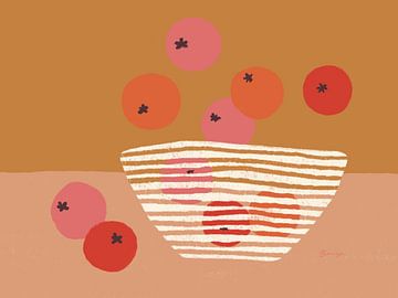 Bol avec oranges et pommes - Illustration colorée en jaune ocre, rose, rouge et orange sur Anna Benge