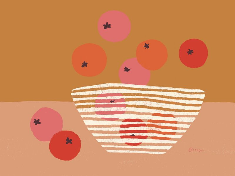 Bowl with oranges and apples - Colourful illustration in ochre yellow, pink, red and orange by Anna Benge