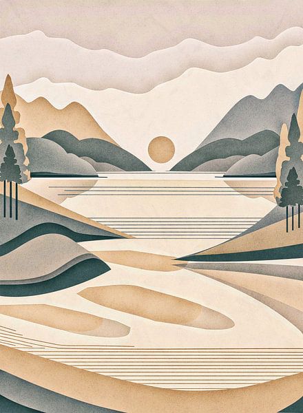 Abstract mountain landscape with lakes - minimalism (1) by Anna Marie de Klerk