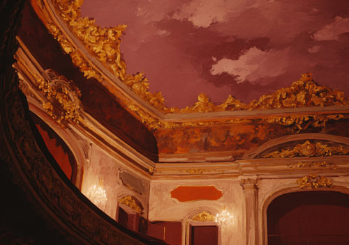 Barokke theaterarchitectuur met gouden versieringen en een wolkenhemel