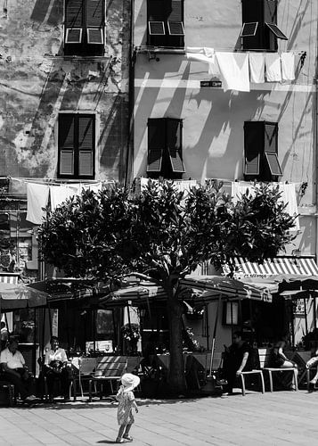 Idyllic Italian square in black and white.