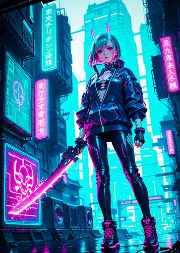Anime Samurai Oni Girl Cyberpunk Style