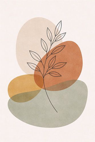 Minimalistische, abstrakte botanische Blatt-Strichzeichnung im Mid-Century-Stil mit Formen in Erdtönen